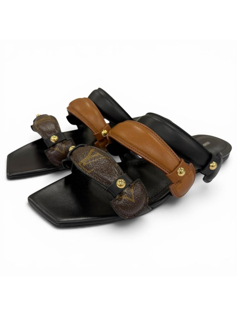 Louis Vuitton Legacy Line Leather Monogram Canvas Flat Sandals Black